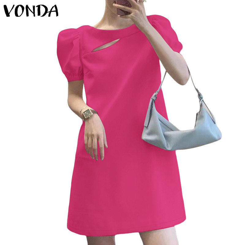 VONDA ชุดเดรสลําลองแขนพองติดกระดุมเกาหลีสําหรับผู้หญิง