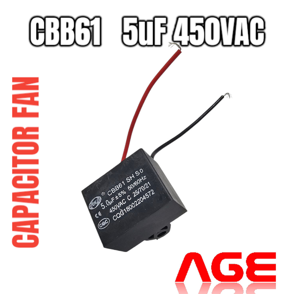 CAPACITOR พัดลม CBB61 5UF 450VAC แบบมีสาย SENJU