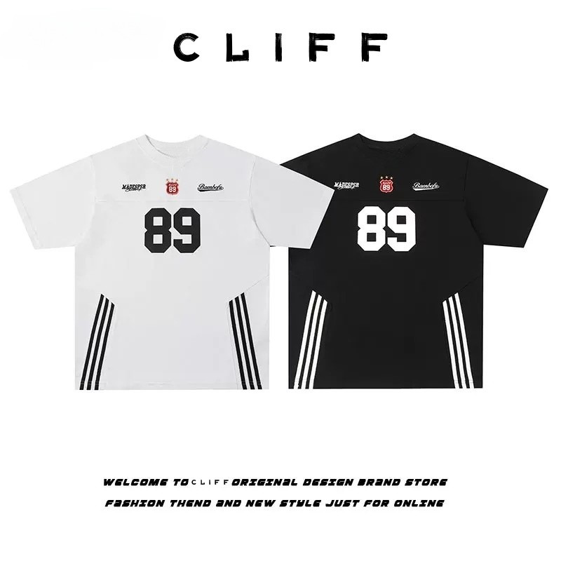 CLIFF เสื้อยืดผู้ชาย แขนสั้นลายทาง คอวี สไตล์สตรีทแบรนด์ยอดนิยม แบบหลวมลำลอง