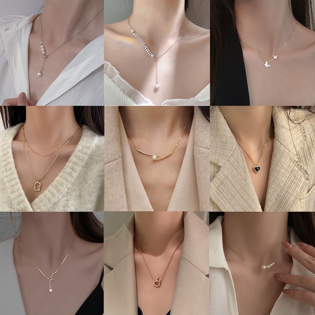 JT8 ผู้หญิงหรูหราเพชร-Emped จี้สร้อยคอ All-Match Love Heart Pearl Clavicle Chain Buckle สร้อยคอฤดูร้