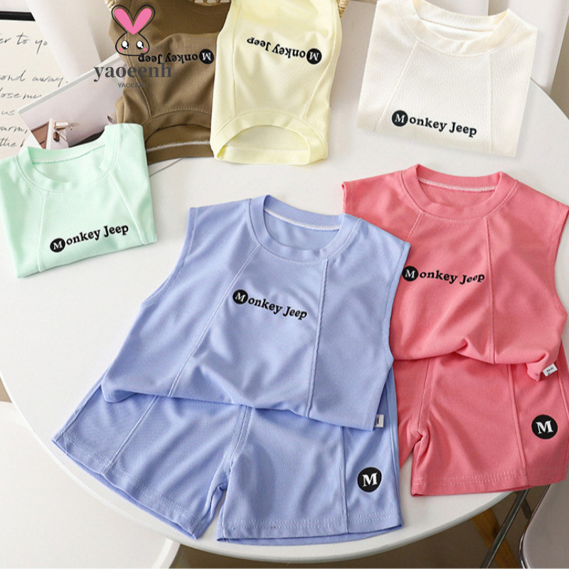 【YAOEENH】80-160ซม ฤดูร้อนชายหญิงบางกีฬาเสื้อกั๊กชุดขนาดกลางขนาดใหญ่เด็กกางเกงขาสั้นแขนกุดสบายๆชุดสองชิ้นพร้อมสต็อกจัดส่งที่รวดเร็ว