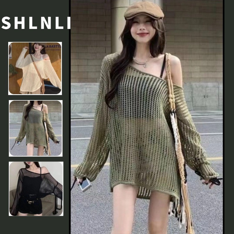 เสื้อกันหนาวกลวงผู้หญิงด้านบนฤดูใบไม้ผลิและฤดูร้อนหลวมแขนยาวเสื้อครีมกันแดดบาง
