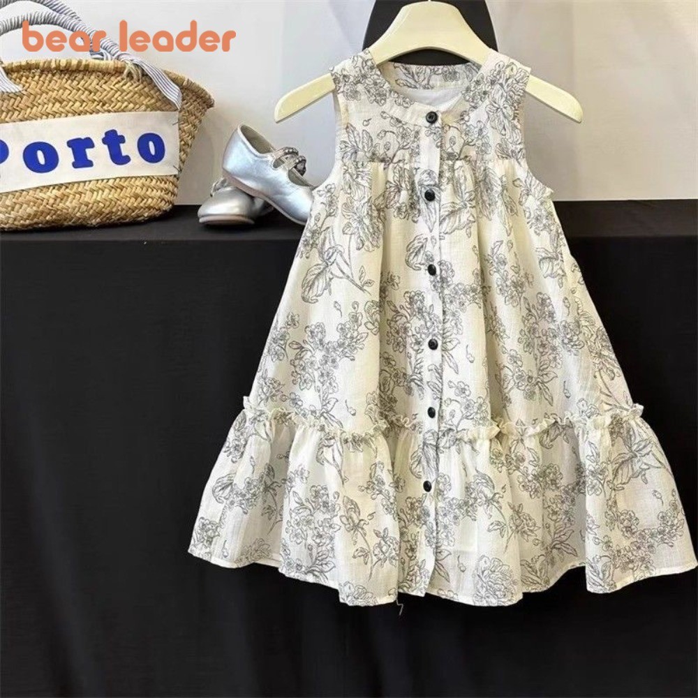 หมีผู้นําฤดูร้อนรอบคอธรรมดาภาพวาดหมึกเสื้อผ้าเด็กผู้หญิงเวอร์ชั่นเกาหลีแขนกุดเดี่ยวหน้าอกชุดเจ้าหญิงสบายๆเด็กสวมใส่