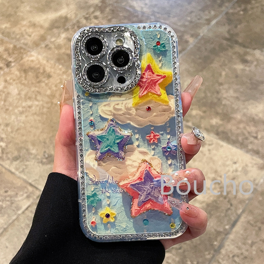 ภาพวาดสีน้ํามันเมฆและดาวเคสโทรศัพท์สําหรับIphone 16 Pro Max 16 15 14 Plus 13 12 Pro Max 11 16plus 15plus 16proสาวของขวัญซิลิโคนอ่อนนุ่มแฟชั่นSpotเจาะปกหลัง