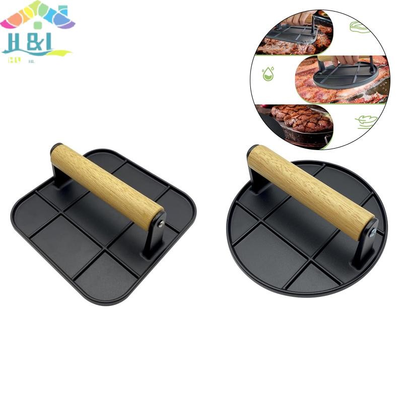 H&L Apr Premium Cast Iron Burger Press, Meat Press, Sandwich Pres, ด้ามไม้, สําหรับย่างแซนวิชและSucc