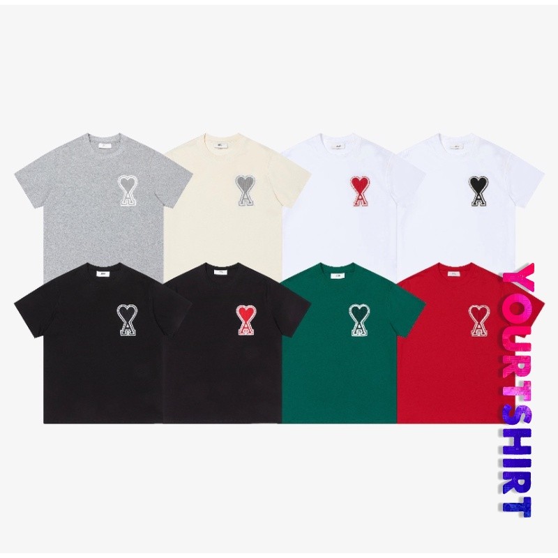 #T26 Streetwear Tshirt Unisex คู่เกาหลี Red Heart Letter ผ้าขนหนูปักเสื้อยืดผ้าฝ้าย Plus ขนาด Crewneck เสื้อโอเวอร์ไซส์