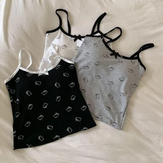 YY103 เสื้อสายเดี่ยว ดีเทลลายแมวน่ารักฟรีไซส์มีฟองน้ำในตัว บางเบา ระบายได้ดี สุดฮิต