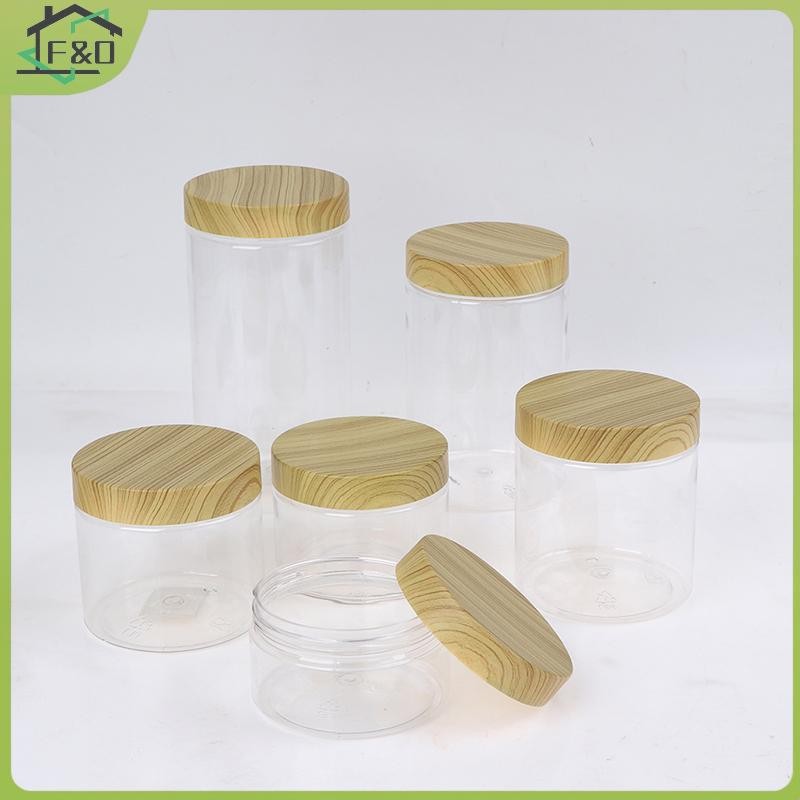 ฉ&โอ ภาชนะขวดใสเปล่าพร้อมขวดเก็บพลาสติกเลียนแบบฝาไม้