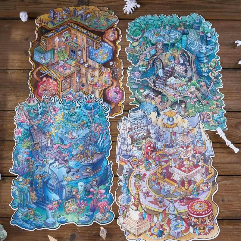 WEI 4 ชิ้น [ชุดชายแดนต้องห้าม] 3D ภูมิทัศน์สติกเกอร์กันน้ําวัสดุขนาดใหญ่สไตล์การ์ตูน Scrapbooking Jo