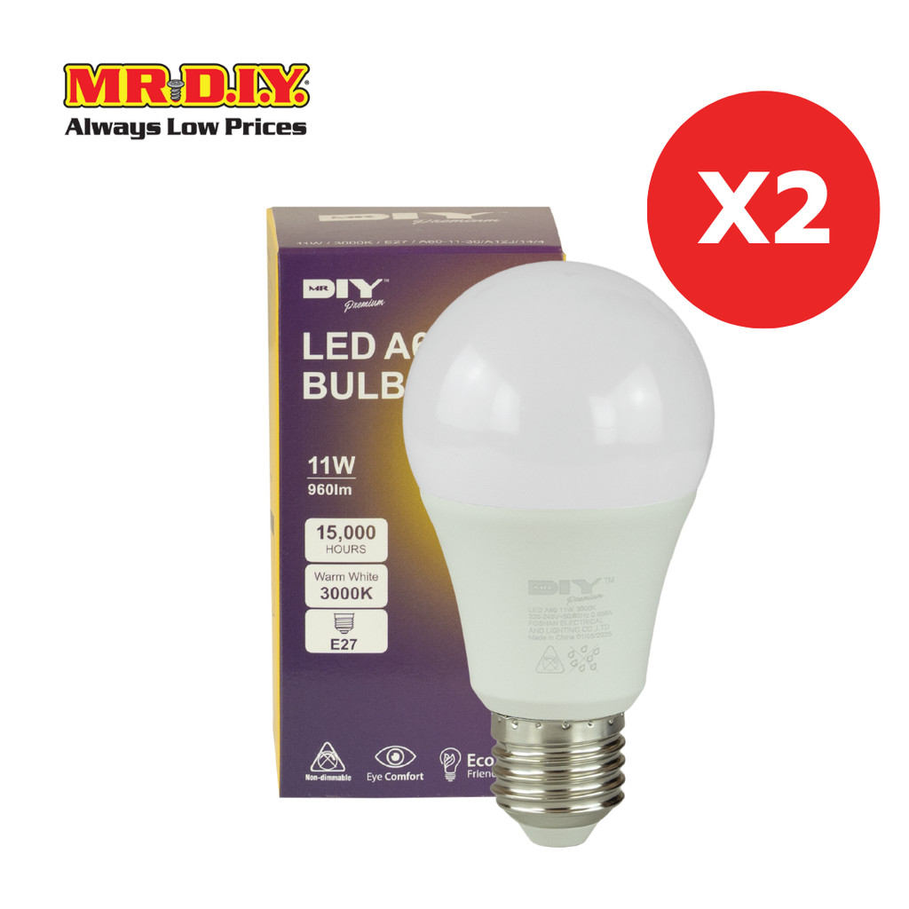 [2 แพ็ก]  MR.D.I.Y. หลอดไฟ LED Bulb A60 ขั้ว 27E กำลังไฟ 11W สี Warm White