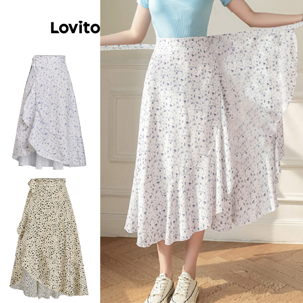 Lovito กระโปรงผู้หญิง ทรงป้ายหน้า ลายดอกไม้ สไตล์โบโฮ L80ED211