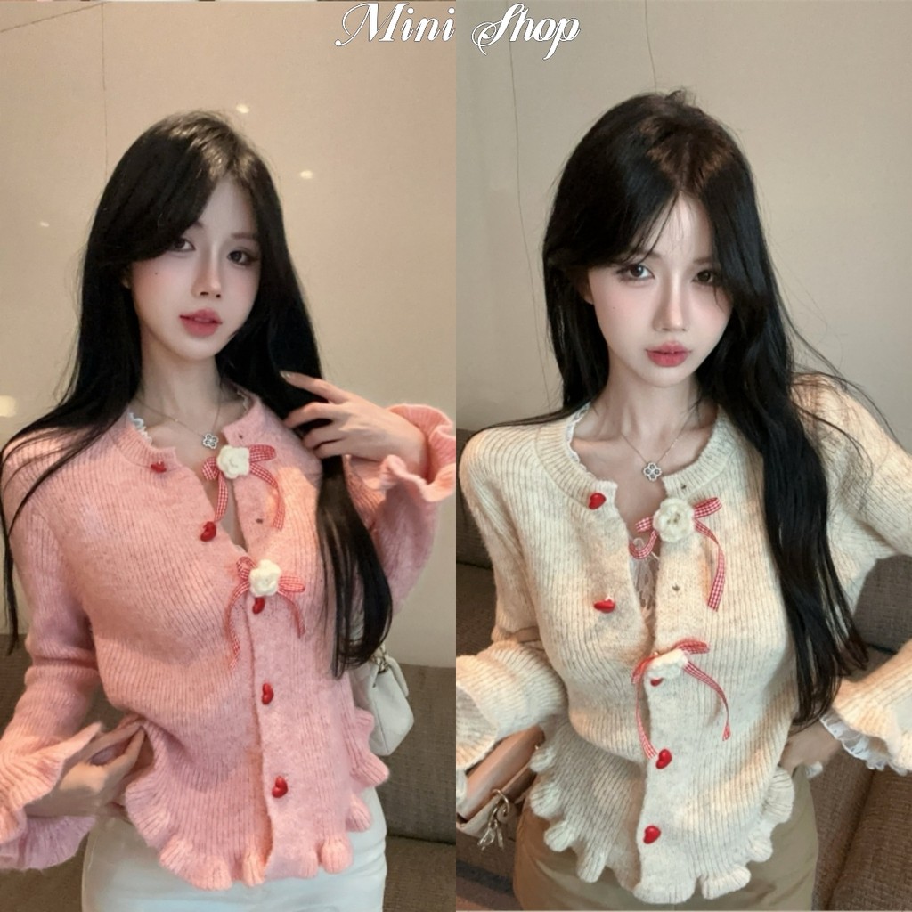 Mini shop🌸พร้อมส่ง🌸เสื้อถักไหมพรมแขนยาง คอกลม น่ารักคาวาอี้ กระดุมหน้า สีพาสเทล สวมใส่สบาย(CL1075)