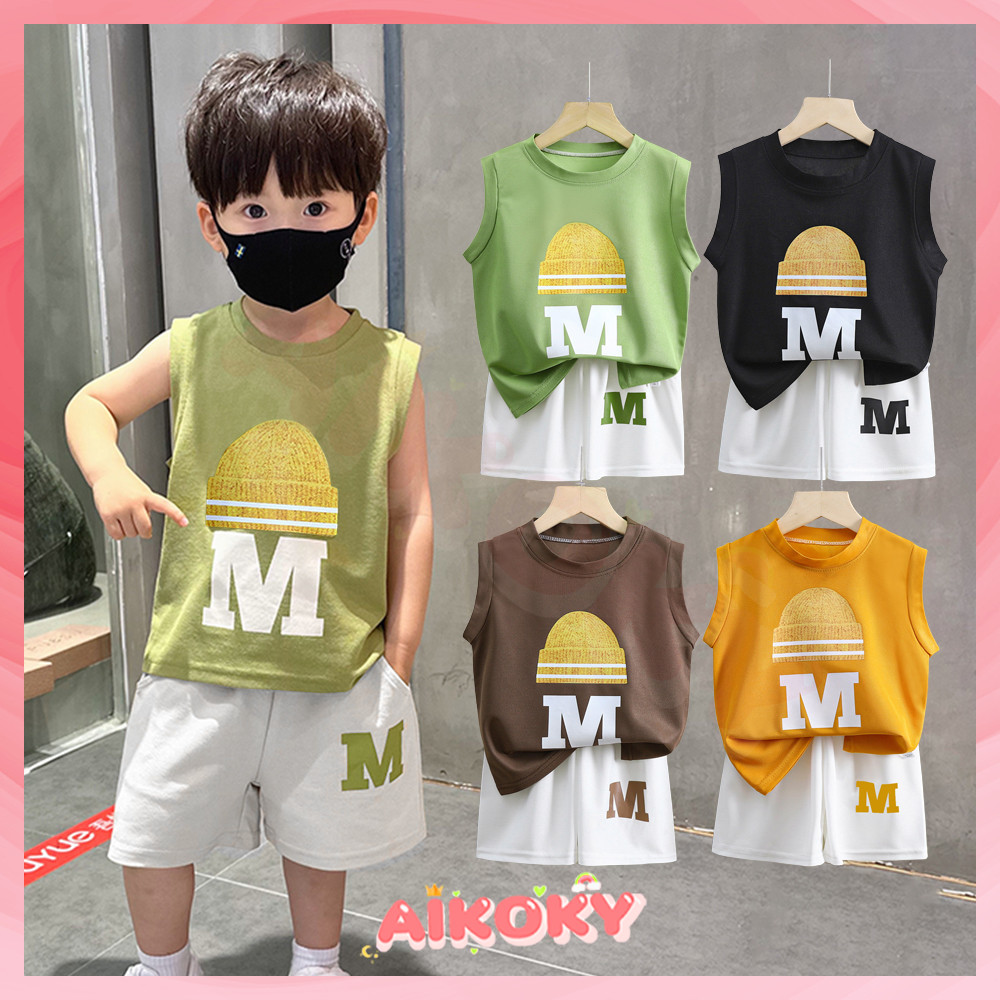AIKOKY ชุดบาสเด็ก ชุดเด็กผู้ชาย ชุดบาสเด็ก เสื้อกั๊กสำหรับเด็กฤดูร้อนชุด 2 ชิ้น ชุดเซ็ทเสื้อกล้ามเด็ก