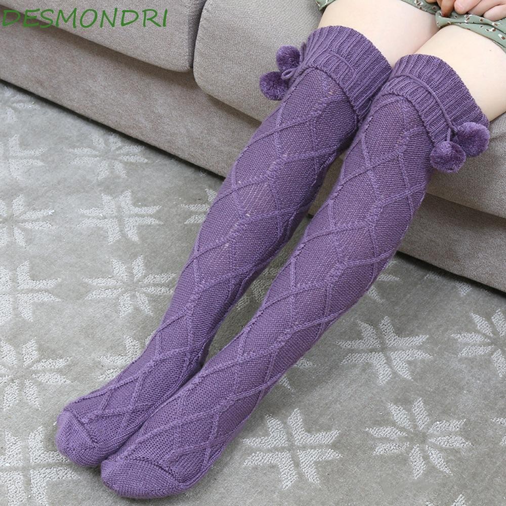 ถุงเท้าหลอดยาว DESMNDRI, Ins ต้นขาสูงเข่าถุงน่อง,แฟชั่น Plush Ball Hosiery ขาเหนือเข่าอุ่นถุงน่อง Streetwear