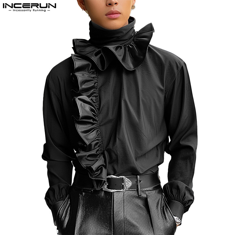 Incerun ผู้ชายแฟชั่นวินเทจคอเต่า Ruffles Splice เสื้อแขนยาว