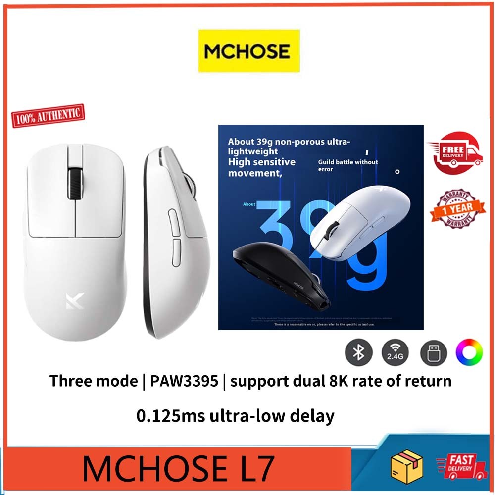 Mchose L7 เมาส์วิดีโอเกมไร้สายสามโหมด PAW3395 รองรับอัตราการคืน 8K คู่ 0.125ms ดีเลย์ต่ําพิเศษ 39G แบบพกพาไม่มีรูพรุน