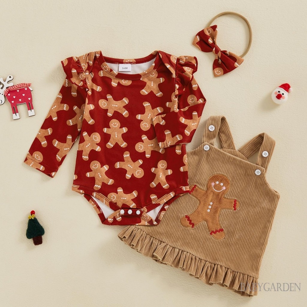 //-ชุดเสื้อผ้าคริสต์มาสเด็กผู้หญิงทารกแรกเกิดพิมพ์ลายกวาง/Gingerbread Man + ชุดเดรสเอี๊ยมผ้าลูกฟูก + ที่คาดผม