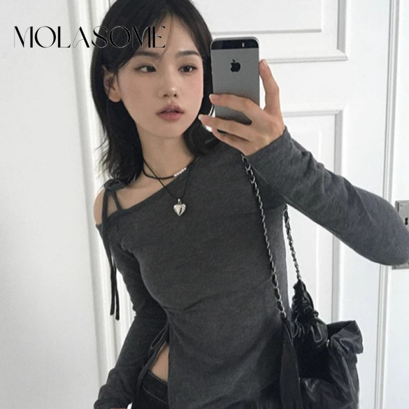 Molasome ผู้หญิง 2024 ใหม่แฟชั่นสีทึบ Halter คอ Slit แขนยาว Slim Fit เสื้อยืด