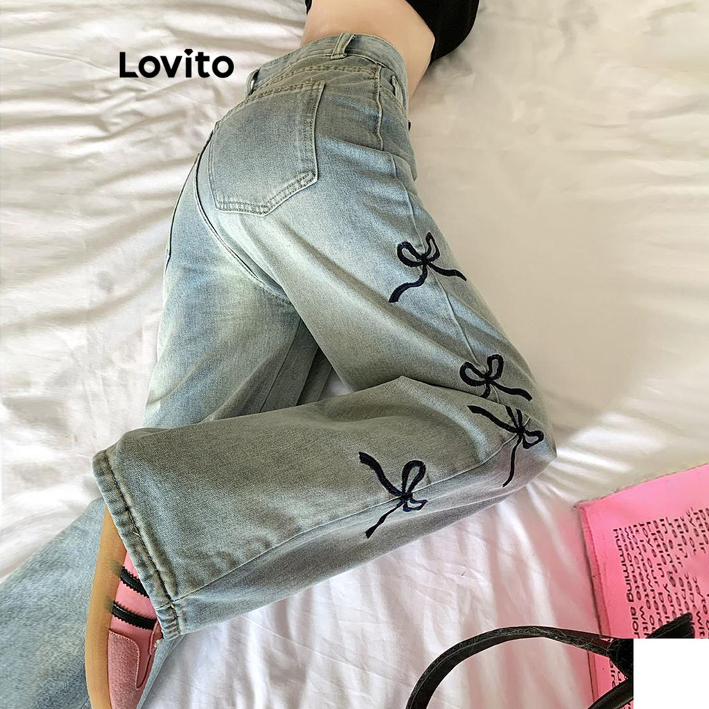 Lovito กางเกงยีนส์ผู้หญิง แต่งโบว์ สีพื้น สไตล์น่ารัก LNA67199