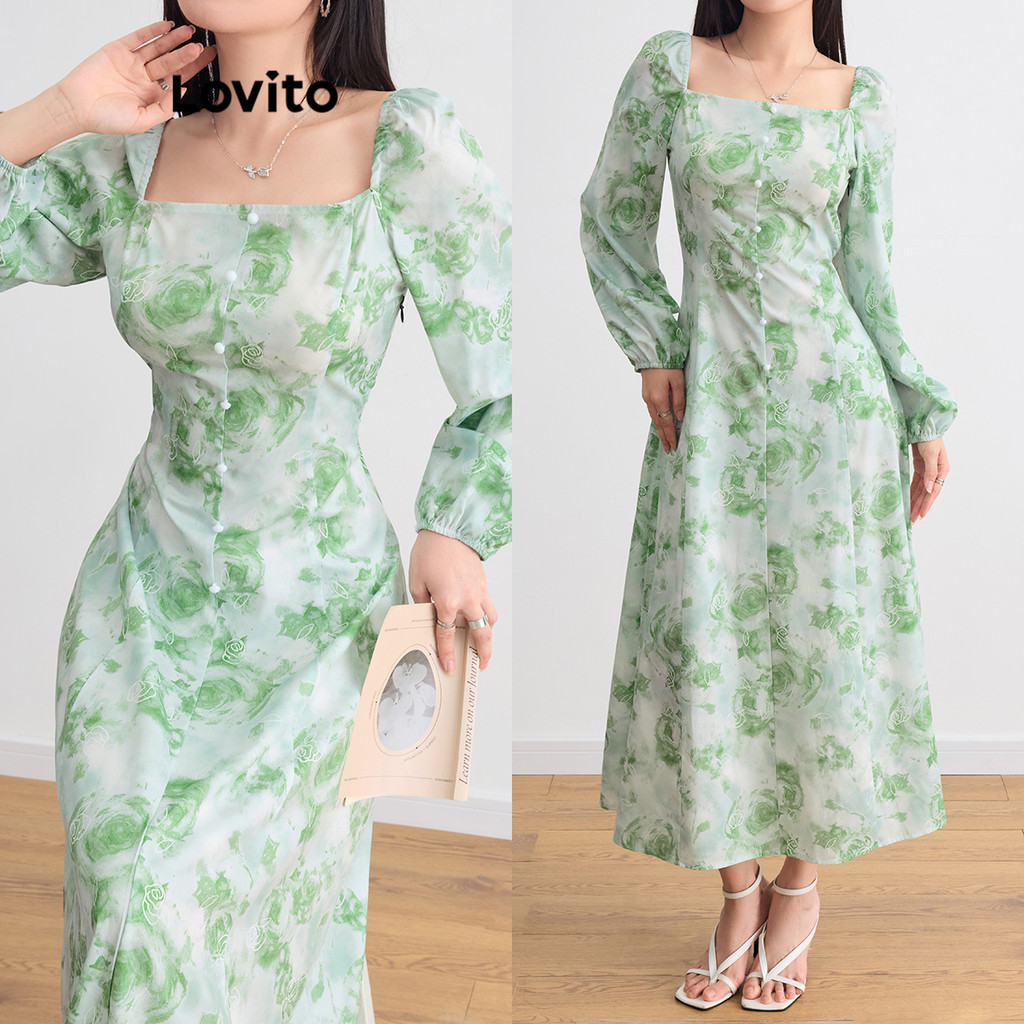 Lovito ชุดเดรสโครงสร้างปุ่มลายดอกไม้หรูหราสำหรับผู้หญิง L105MD111