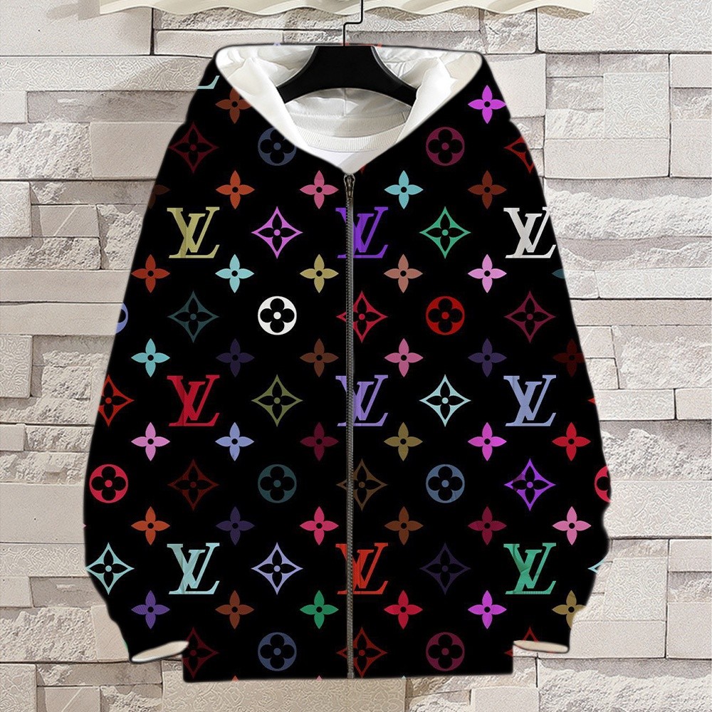 LV เสื้อสวมหัวลําลองสําหรับบุรุษซิปด้านบนเสื้อกันหนาวหมวกลําลอง เลเวล พิมพ์เสื้อฮู้ดแขนยาวผู้ชายและผู้หญิง
