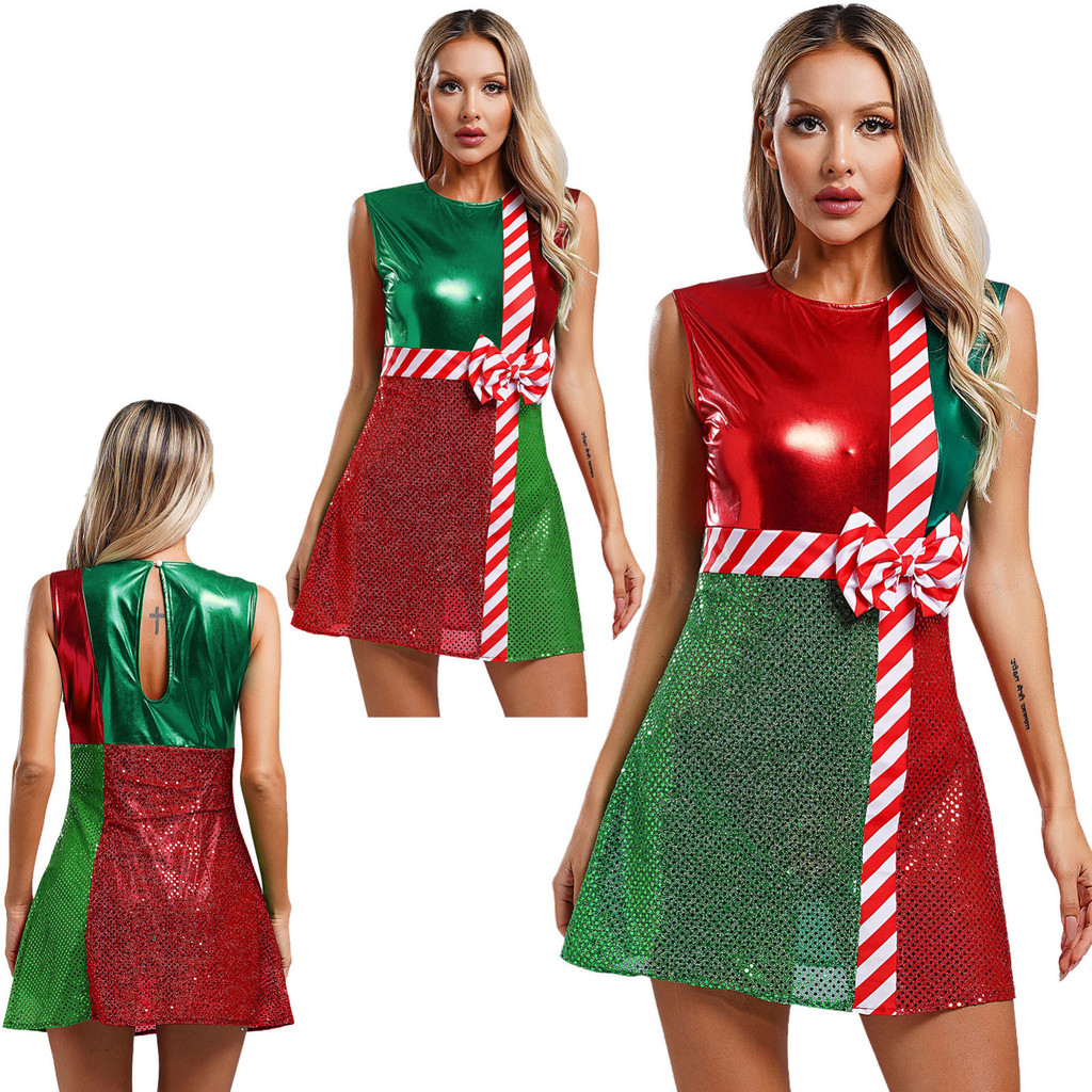 Yeahdor Womens Metallic Shiny Sequins ชุดคริสต์มาสพร้อมกางเกงที่ปลอดภัยรอบคอแขนกุด Bowknot Contrast Dance Dress
