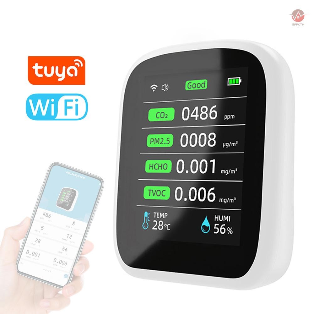 Tuya Wifi แบบพกพา Air คุณภาพเมตร 8in1 PM1.0 PM2.5 PM10 CO2 TVOC HCHO อุณหภูมิและความชื้นเครื่องทดสอบหน้าจอสี LCD เครื่องตรวจจับคาร์บอนไดออกไซด์พร้อมเวลาและวันที่แสดง Functio
