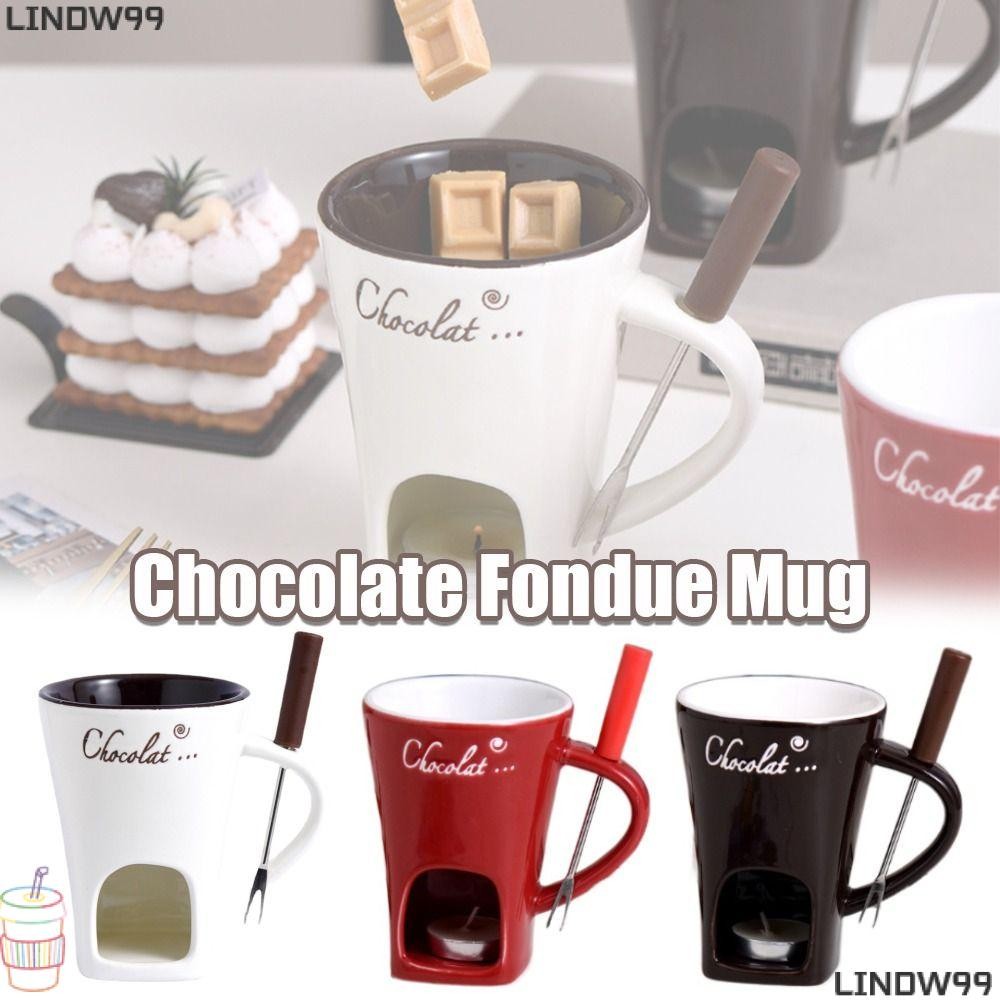 Lindw99 แก้วช็อคโกแลตฟองดู, เครื่องทําความร้อนขนาดเล็ก หม้อไอศกรีม เซรามิกส์ แก้วละลายช็อคโกแลต, มัลติฟังก์ชั่นพร้อมส้อม แก้วช็อคโกแลตฟองดู Simmer