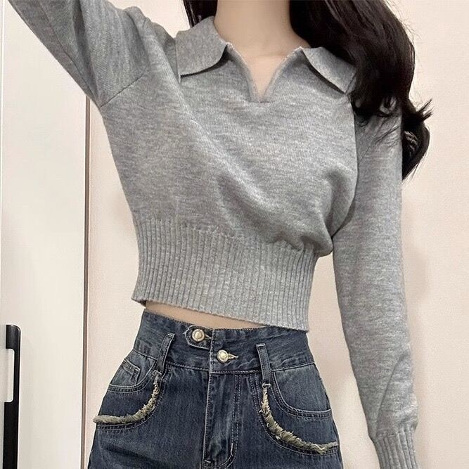 สีเทา POLO Collar ถัก Bottoming เสื้อผู้หญิงฤดูใบไม้ร่วงฤดูหนาวด้านในแคบ-เอว Slim-Fit Design Niche ประณีต Be