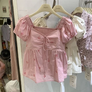 🧡LINNA🧡เวอร์ชั่นเกาหลี แขนสั้น เสื้อเชิ้ต โบว์ หวาน แฟชั่น ปลอกคอสแควร์