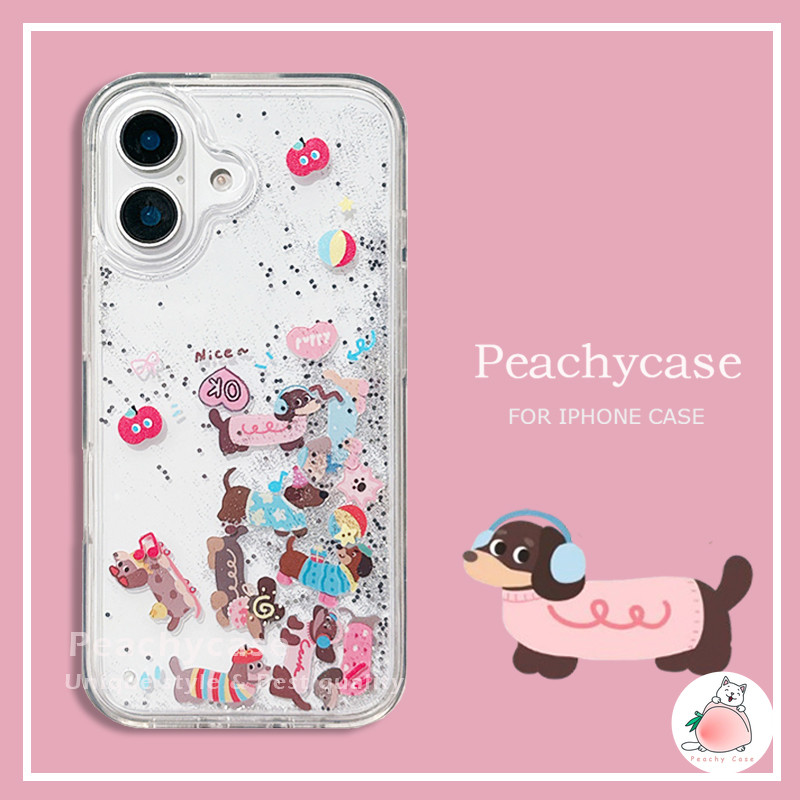 Kawaii Love Heart Dachshund Dog Slider Quicksand เคสโทรศัพท์สําหรับ iPhone 17 16 15 14 13 12 Pro Max 11 16 PLUS โปร่งใสกันกระแทกอะคริลิคฝาครอบปลอก