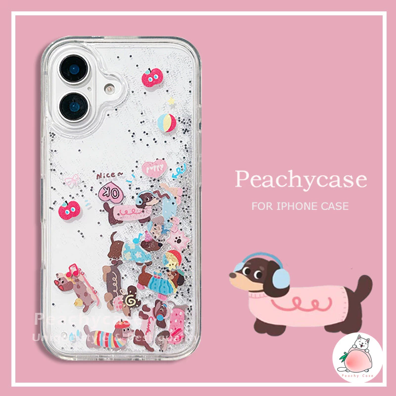 Kawaii Love Heart Dachshund Dog Slider Quicksand เคสโทรศัพท์สําหรับ iPhone 17 16 15 14 13 12 Pro Max 11 16 PLUS โปร่งใสกันกระแทกอะคริลิคฝาครอบปลอก