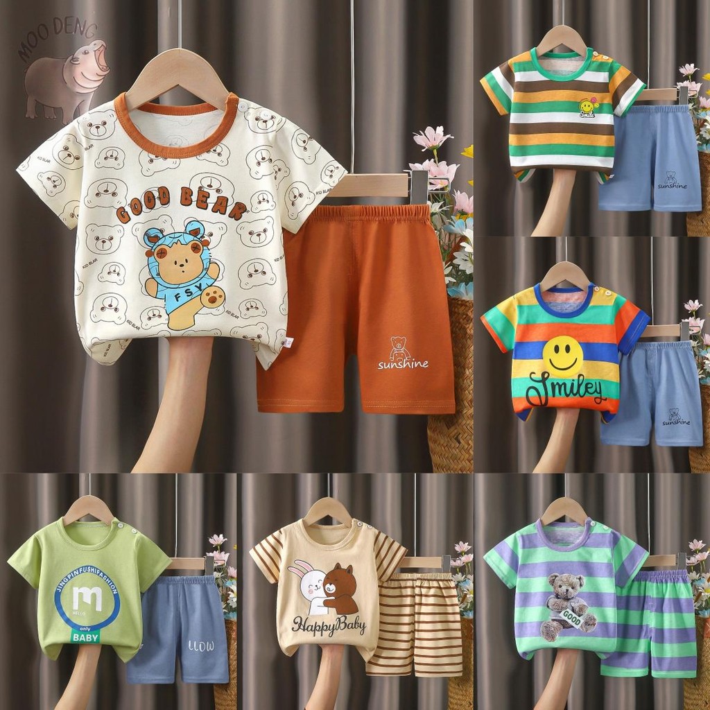 MooDeng_Baby ชุดเซทเสื้อแขนสั้น+กางเกงขาสั้น ชุด เสื้อผ้าเด็กเด็กลายการ์ตูน น่ารักๆ cotton ขนาด 73-120 เด็กผู้ชาย  เด็กห