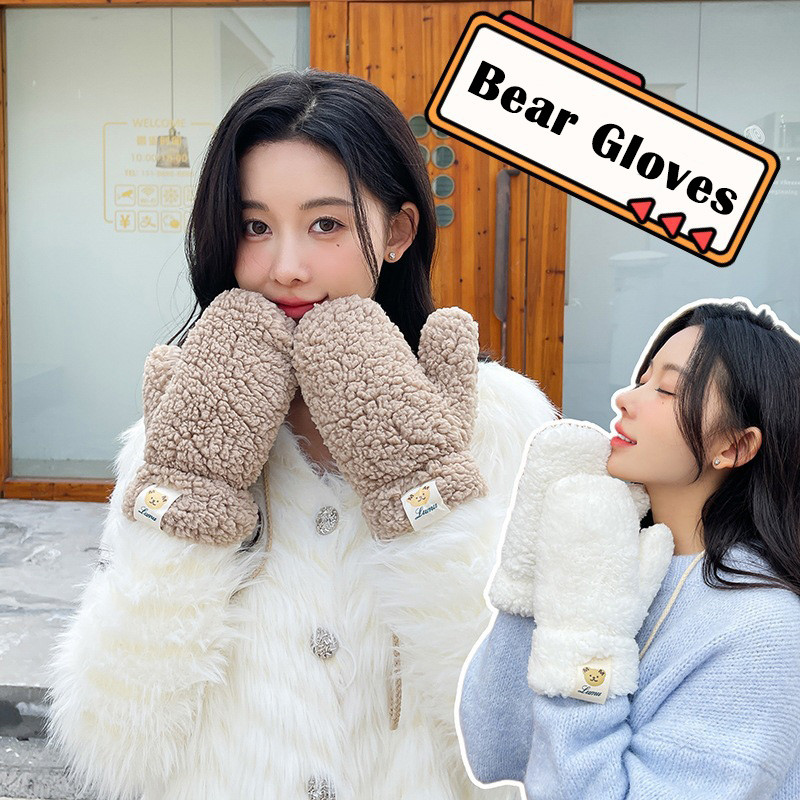 Kawaii Plush ถุงมืออุ่นนุ่มฤดูหนาวหนา Fingerless เกาหลีหมีถุงมือเชือก Casual กลางแจ้งขี่ Mittens Warm