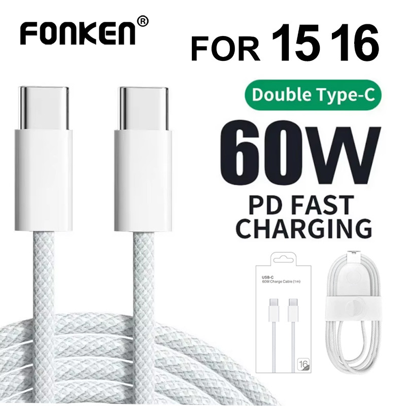Fonken PD 60W USB-C ถึง USB C สายชาร์จเร็วประเภท C สายเคเบิลข้อมูลสําหรับ iP/hone 16 Pro Max 15 Plus