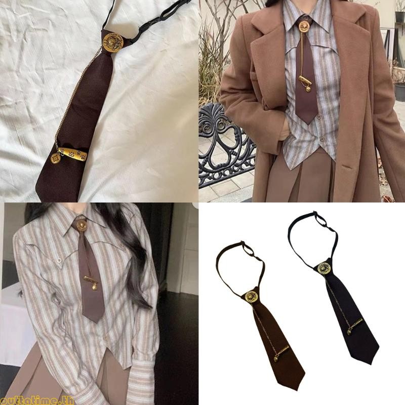Time Adjustable Pre Tie Tie Tie พร้อมหมีน่ารัก Pin โบราณโซ่โลหะ Vintage เนคไท