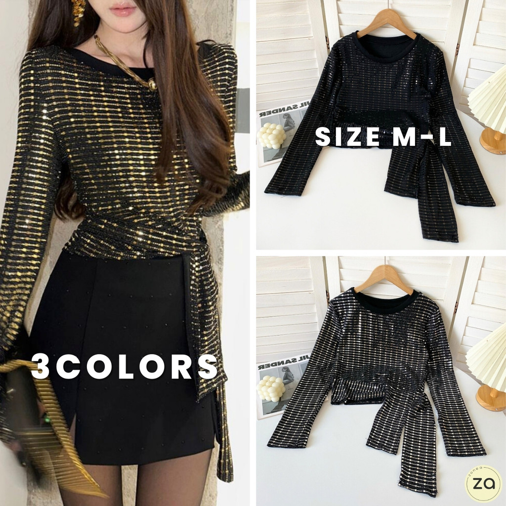 HOT SALE เสื้อแขนยาวคอกลมแต่งเลื่อม ชายเสื้อแต่งผูกโบว์ได้ ใส่ออกงานสวยงาม มี 3 สี