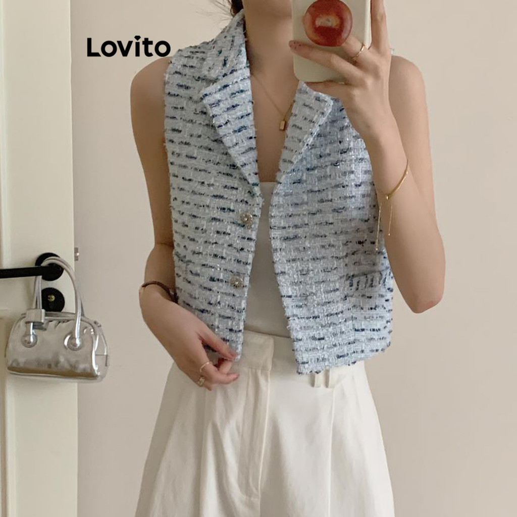 Lovito เสื้อแขนกุดผู้หญิง ผ้าแจ็คการ์ด สีพื้น สไตล์ลำลอง LNM67051