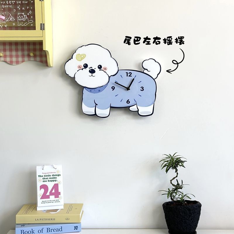 น่ารักบิชอนแกว่งนาฬิกาลูกสุนัขใบ้ตกแต่งสร้างสรรค์นาฬิกาครัวเรือนห้องนั่งเล่นการ์ตูนแขวนผนังศิลปะนาฬิกาแขวน