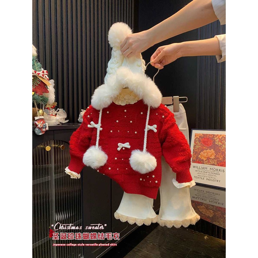 ชุดคริสมาสต์สำหรับเด็กผู้หญิงชุดปีใหม่สำหรับเด็กผู้หญิงแบบใหม่เสื้อสเวตเตอร์สวมหัวสไตล์ตะวันตกแมทช์ลุคง่าย