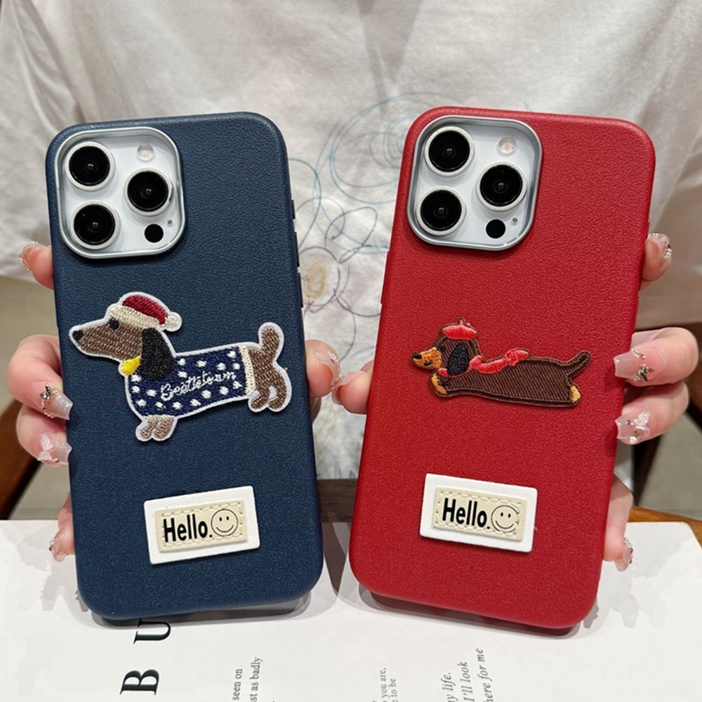 หรูหราการ์ตูนผ้าสุนัขหนังสําหรับ IPhone 16 13 12 11 14 15 Pro Max Plus X XR XS Max 11Pro 13Pro 15Pro 16Pro Max เคสโทรศัพท์ซิลิโคนอ่อนนุ่มป้องกันกันกระแทก 3D Smile Cover