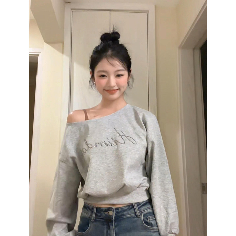 ฤดูใบไม้ร่วงผู้หญิงเกาหลีไหล่เอียงสั้นหลวมแขนยาวเสื้อกันหนาว 241109