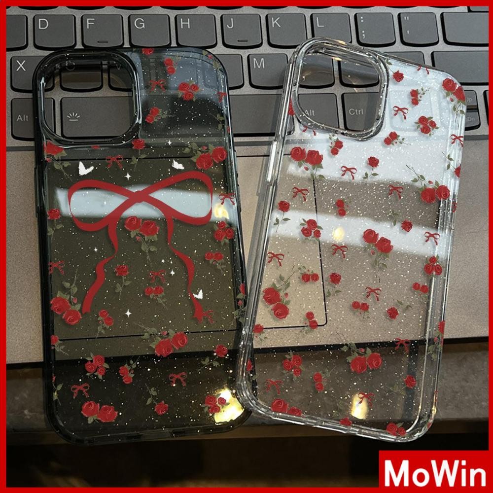 Movin - เคส iPhone 16 Pro Max iPhone 11 เคสใสแบบแวววาว TPU นุ่มสีสันสดใส กุหลาบแดงและคันธนูที่สวยงาม Compatible iPhone15 Pro max 14 13 12 Pro max XS XR 7 Plus 8 Plus