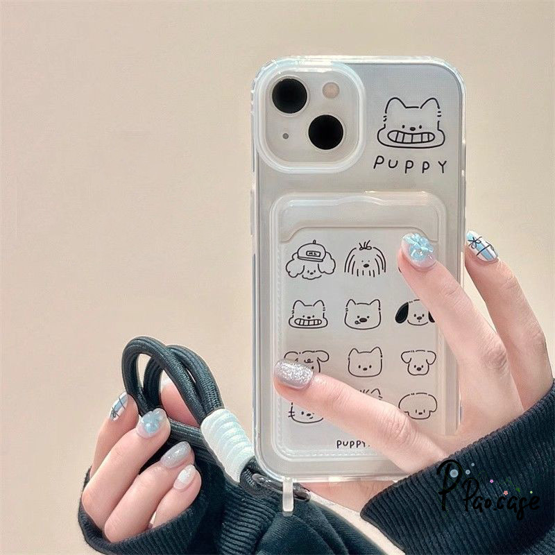 ลูกสุนัขสายการ์ตูนเข้ากันได้เคสไอโฟน 13 16 11 15 XR 14 12 Pro Max 7 8 Plus X XS Max SE 2020 เชือกกระเป๋าสตางค์บัตรเคส