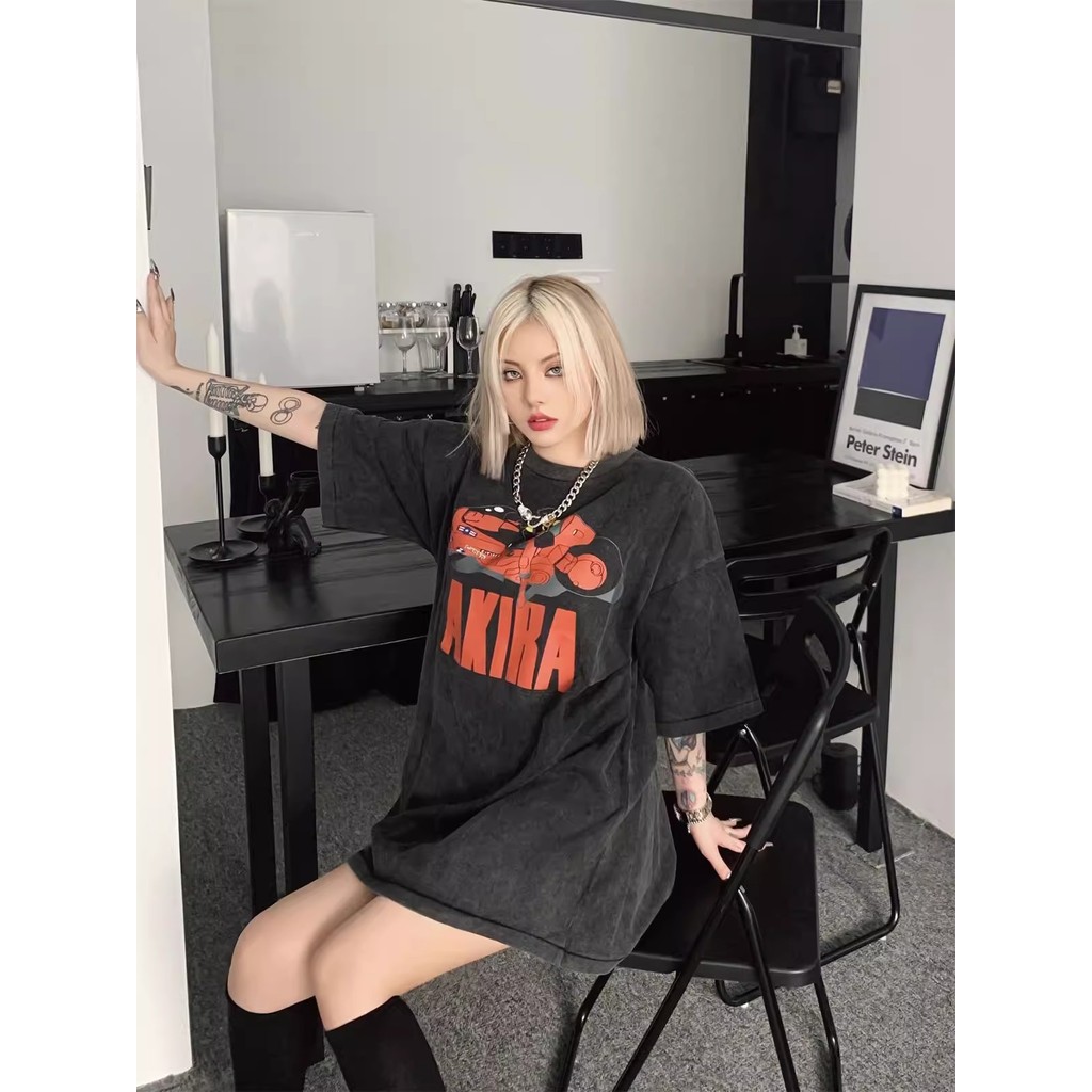 Akira Qkoole เสื้อยืดฟอก oversize สไตล์ฮิปฮอป เรโทร L000122