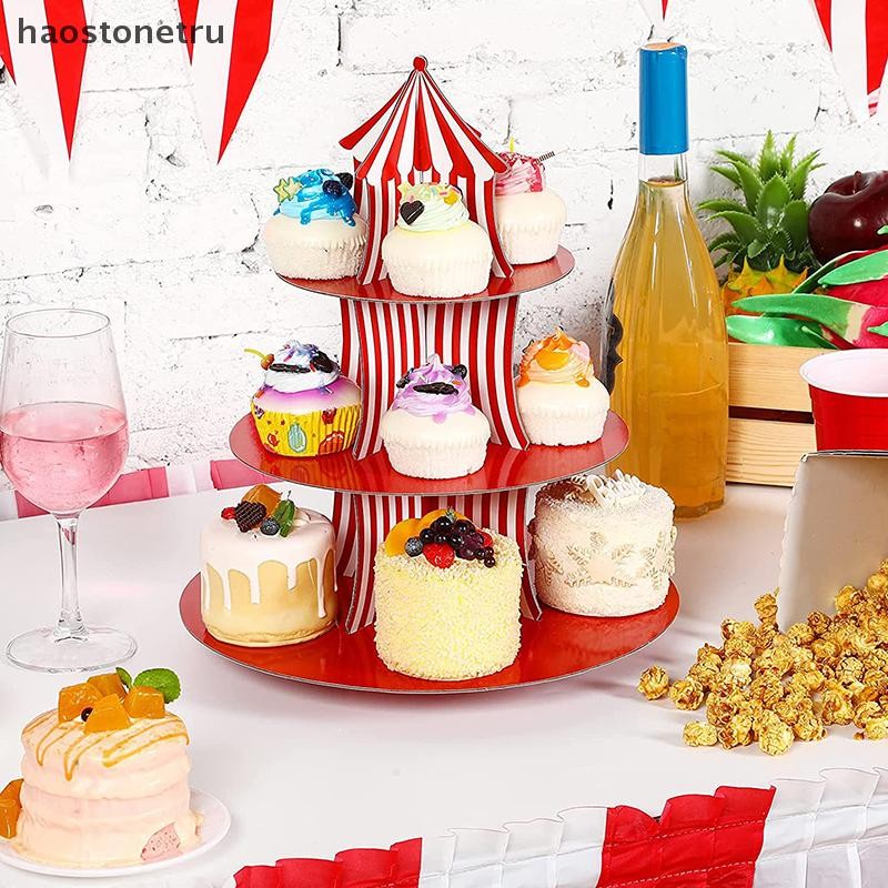 Ost 1 ชุด 3 ชั้น Circus Carnival กระดาษ Cupcake ขาตั้งสีแดงลายเค้กตกแต่งอุปกรณ์วันเด็กขนม Cupcake Stand N