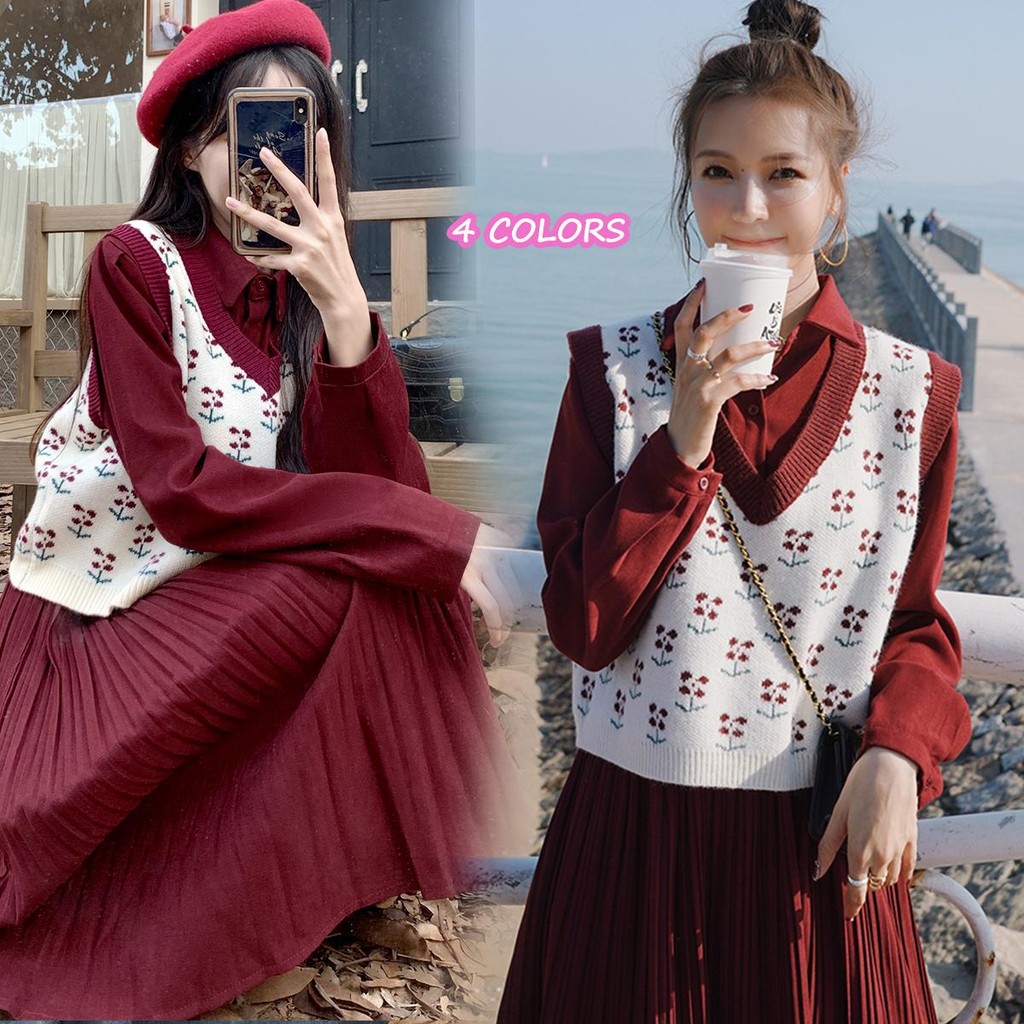 mimi&didi#เสื้อกั๊กไหมพรมคอวี แต่งตัวคริสต์มาส เสื้อกันหนาวสั้นถัก ฤดูใบไม้ผลิและฤดูใบไม้ร่วง สำหรับผู้หญิง#23165