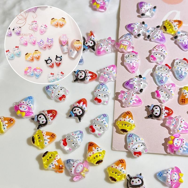 [maybeauty] 50pcs การ์ตูน Sanrio ไอศกรีมเรซิ่นเล็บ Ch สัตว์สร้างสรรค์กรวยตกแต่งเล็บสําหรับ DIY เคสโทรศัพท์งานฝีมือเล็บ {TH}