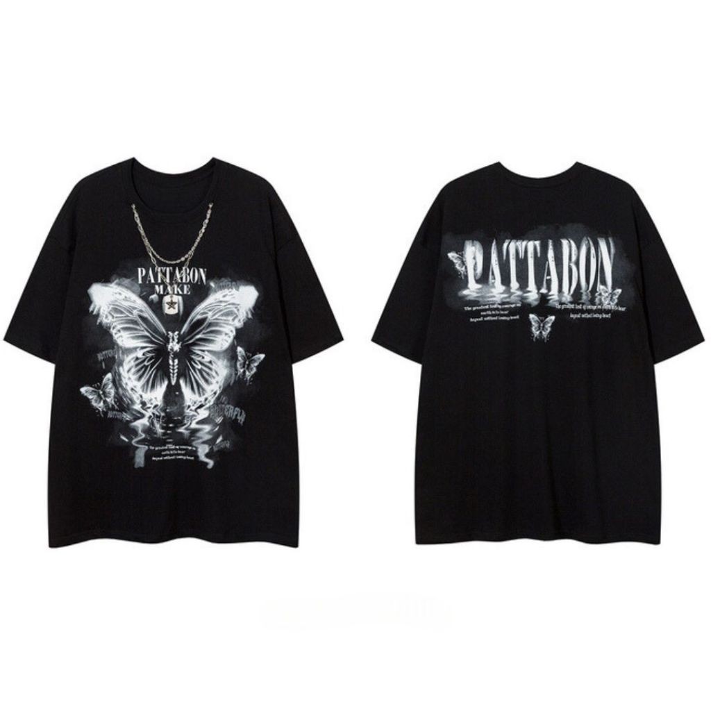 TOPสไตล์อเมริกันวินเทจ พิมพ์ผีเสื้อ เสื้อยืดโอเวอร์ไซส์“PATTABON”ผ้าผ้าไหมนม ยืดหยุ่น ไม่ต้องรีด unisex