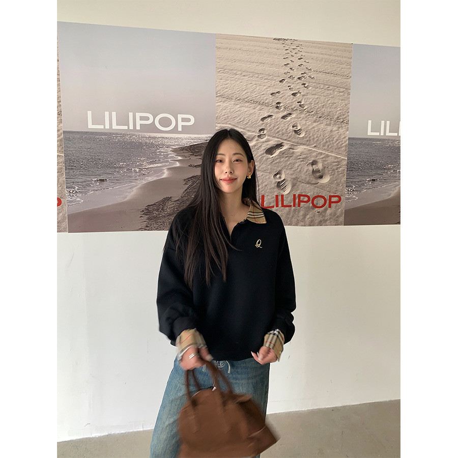 เสื้อยืดแขนยาวปักลายตัวอักษรโปโลสำหรับผู้หญิง